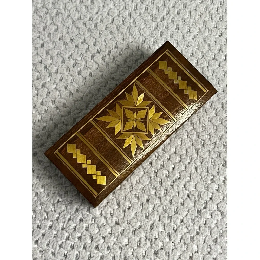 Vtg USSR Russian Inlaid Wood Jewelry Trinket Box Soviet Era MCM Boho Handmade